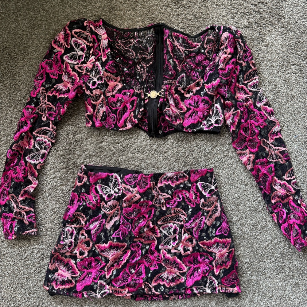 Lovers + Friends Black and Pink Lace Ensemble